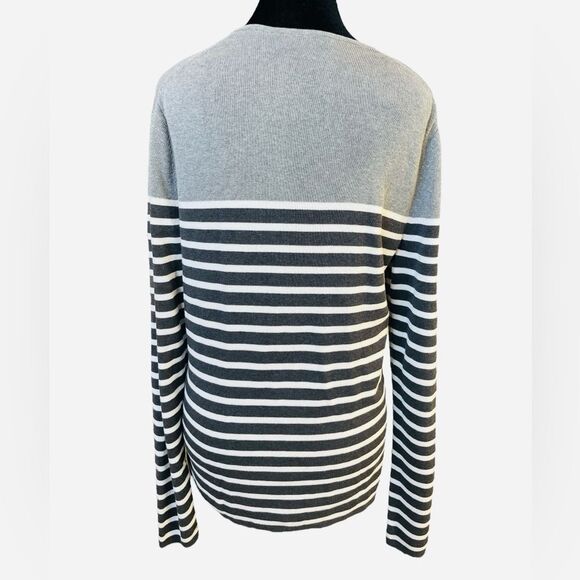Vince Gray Cotton Sweater Size Medium Nautical Preppy Stripes Ribbed Lightweight - Picture 5 of 8